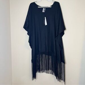 BCBGMaxazria NWT‎ fringe poncho black lightweight 100% rayon women's M/L
